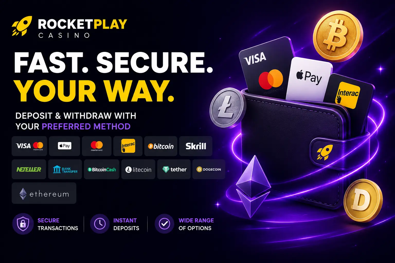 Deposit and withdraw at RocketPlay